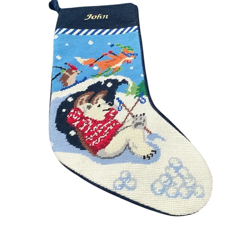Festive Christmas Stocking Polar Bear  Needlepoint Monogrammed John